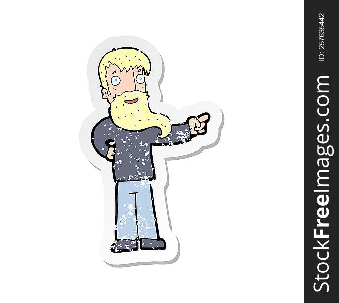 Retro Distressed Sticker Of A Cartoon Man With Beard Pointing