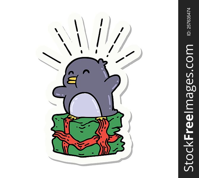 Sticker Of Tattoo Style Penguin Sitting On Present