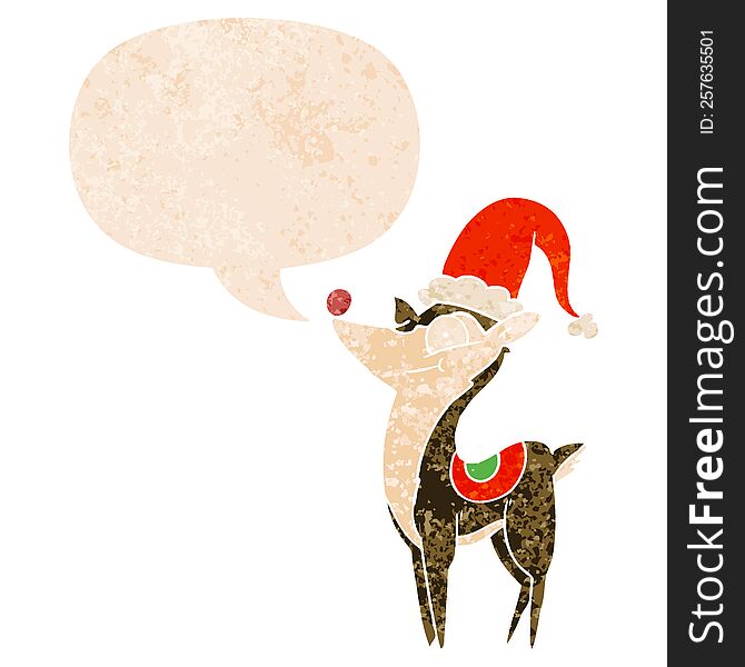 Cartoon Christmas Reindeer And Speech Bubble In Retro Textured Style