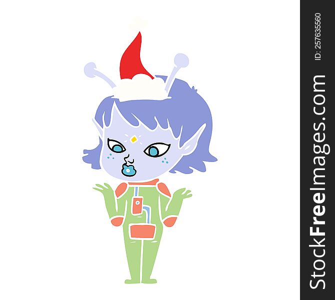 pretty hand drawn flat color illustration of a alien girl wearing santa hat