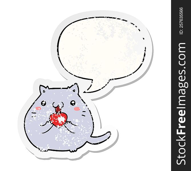 Cute Cartoon Cat In Love And Speech Bubble Distressed Sticker