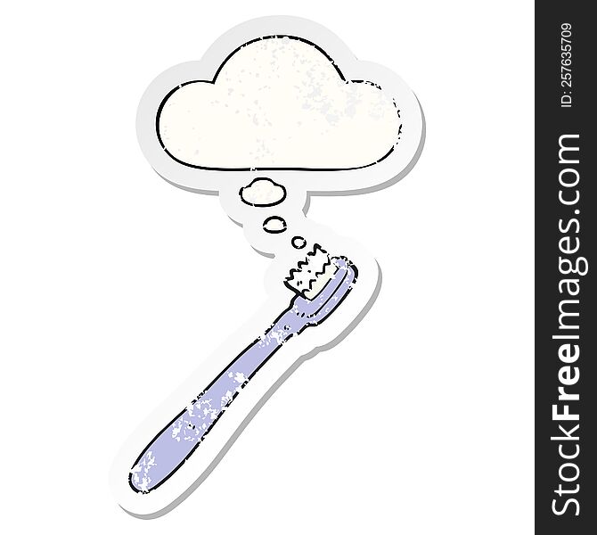 cartoon toothbrush with thought bubble as a distressed worn sticker