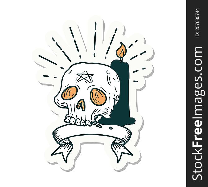 sticker of a tattoo style spooky skull and candle