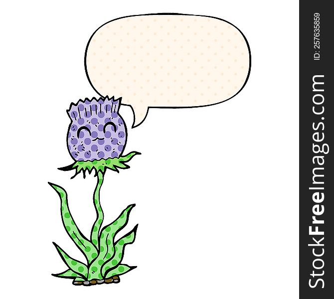 Cartoon Thistle And Speech Bubble In Comic Book Style