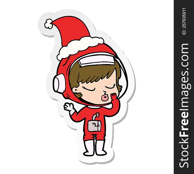 Sticker Cartoon Of A Pretty Astronaut Girl Wearing Santa Hat