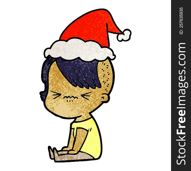 hand drawn textured cartoon of a annoyed hipster girl wearing santa hat