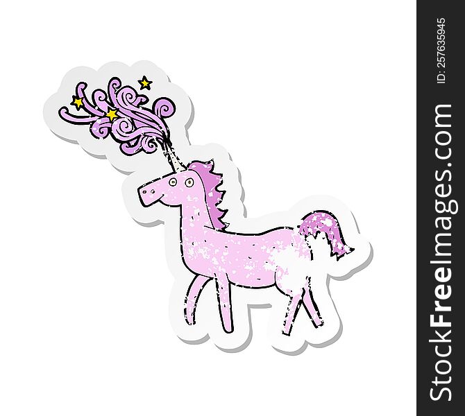 retro distressed sticker of a cartoon magical unicorn