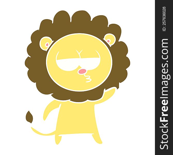 flat color style cartoon bored lion waving