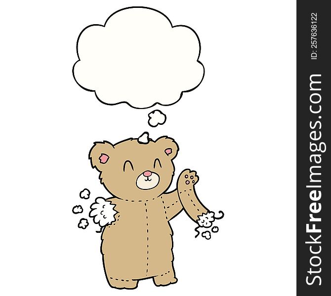 cartoon teddy bear with torn arm with thought bubble