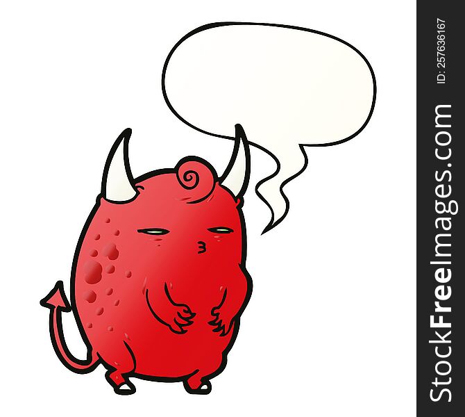 cartoon fat little halloween devil with speech bubble in smooth gradient style