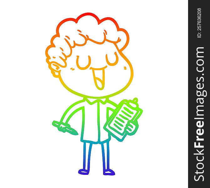 rainbow gradient line drawing laughing cartoon man with clipboard and pen