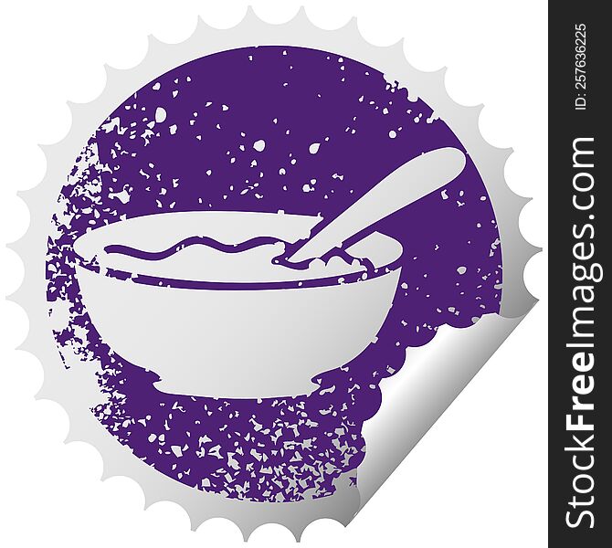Quirky Distressed Circular Peeling Sticker Symbol Bowl Of Porridge