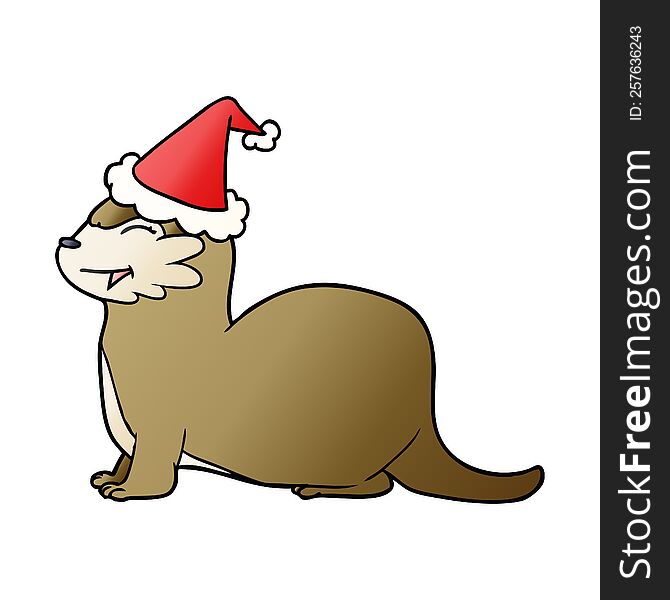 laughing otter hand drawn gradient cartoon of a wearing santa hat. laughing otter hand drawn gradient cartoon of a wearing santa hat
