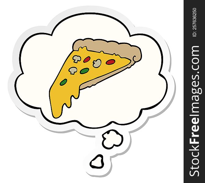cartoon pizza slice with thought bubble as a printed sticker