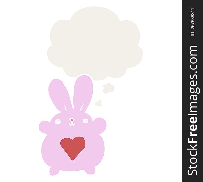 cute cartoon rabbit with love heart with thought bubble in retro style