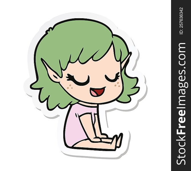 sticker of a happy cartoon elf girl sitting on floor