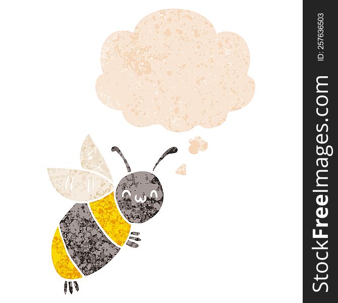 Cute Cartoon Bee And Thought Bubble In Retro Textured Style