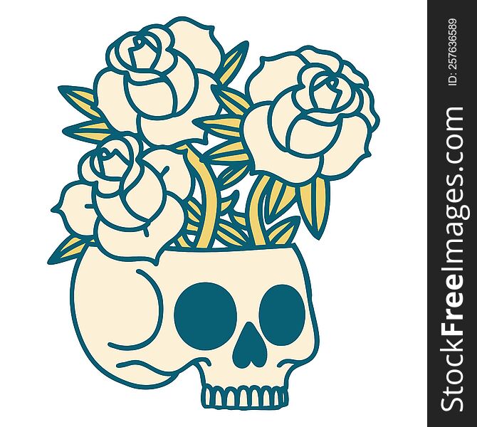 Tattoo Style Icon Of A Skull And Roses