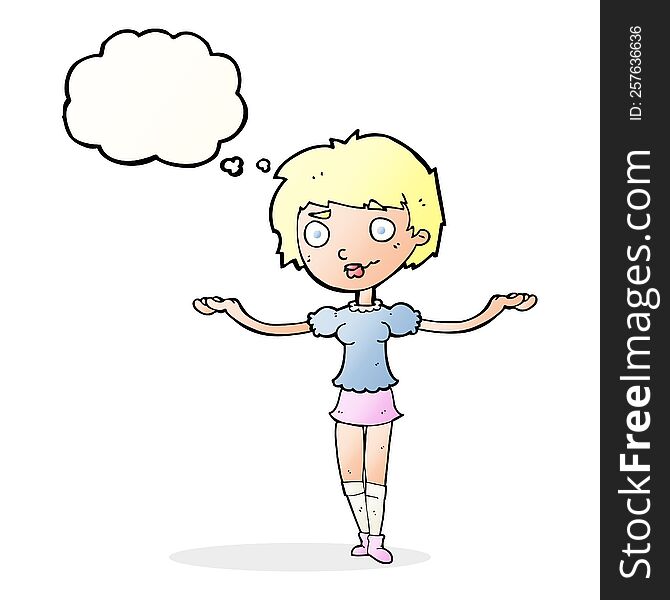 Cartoon Woman Spreading Arms With Thought Bubble