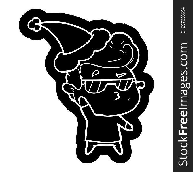 quirky cartoon icon of a cool guy wearing santa hat