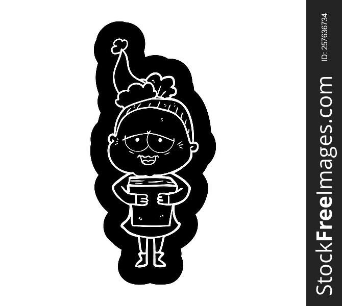 quirky cartoon icon of a happy old lady wearing santa hat