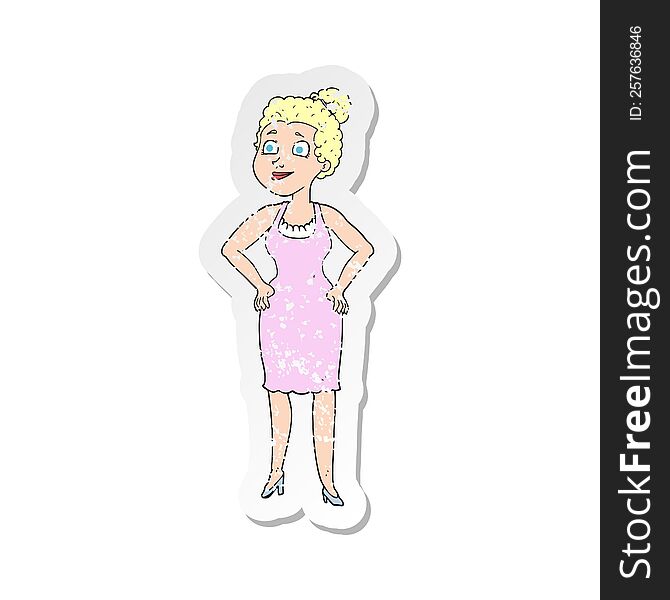 retro distressed sticker of a cartoon woman wearing dress