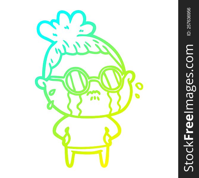 cold gradient line drawing of a cartoon crying woman wearing sunglasses