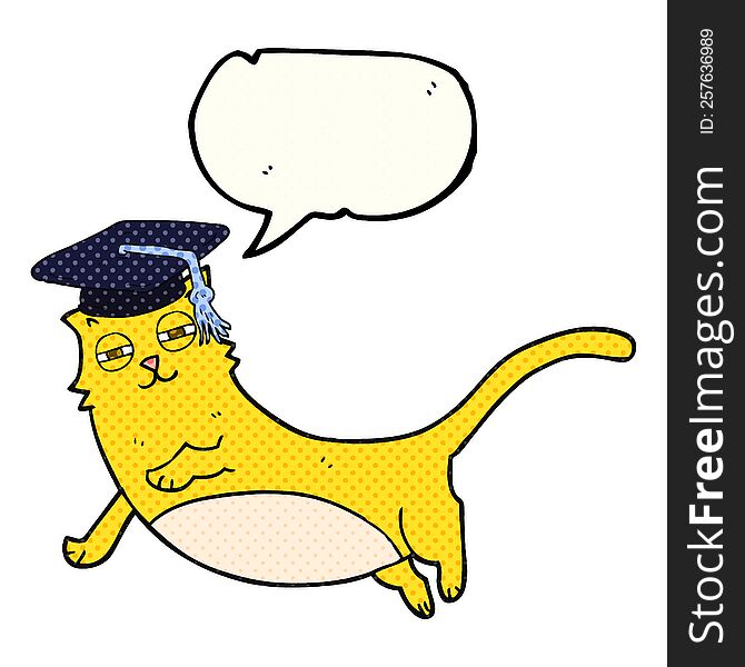 freehand drawn comic book speech bubble cartoon cat with graduate cap