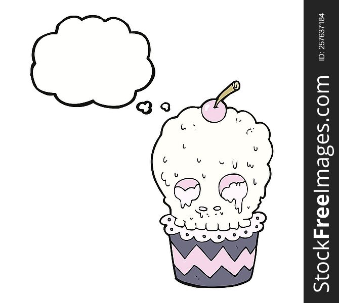 spooky skull cupcake cartoon with thought bubble