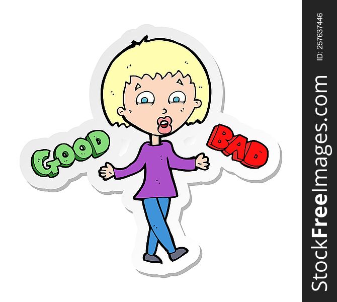 sticker of a cartoon woman weighing up options