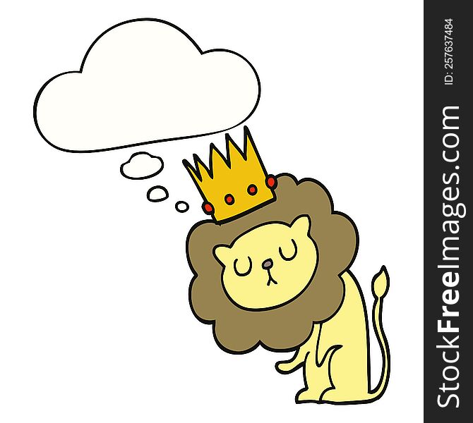 cartoon lion with crown with thought bubble. cartoon lion with crown with thought bubble