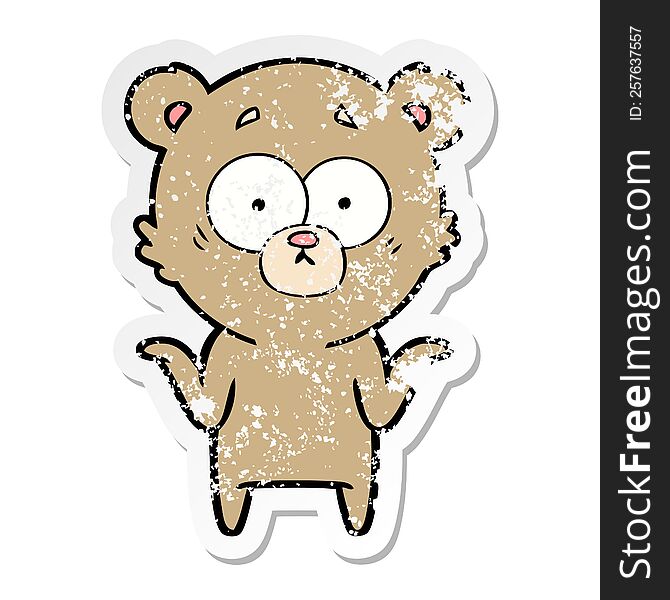 Distressed Sticker Of A Cartoon Bear Shrugging Shoulders