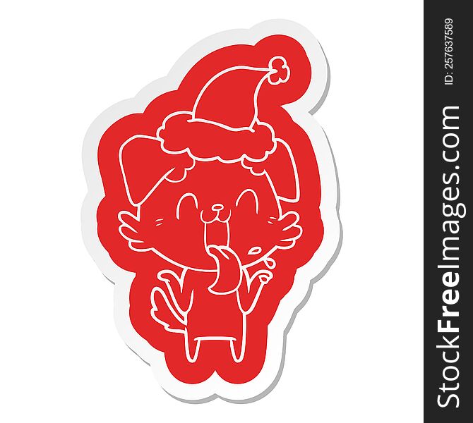 quirky cartoon  sticker of a panting dog shrugging shoulders wearing santa hat