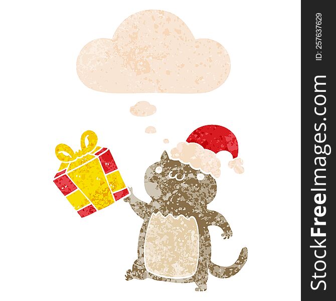 Cute Cartoon Christmas Cat And Thought Bubble In Retro Textured Style
