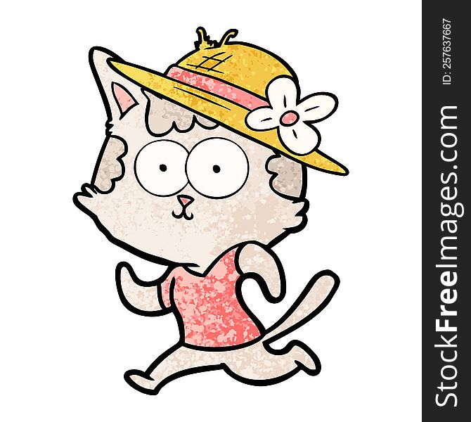 happy cartoon cat jogging in hat. happy cartoon cat jogging in hat