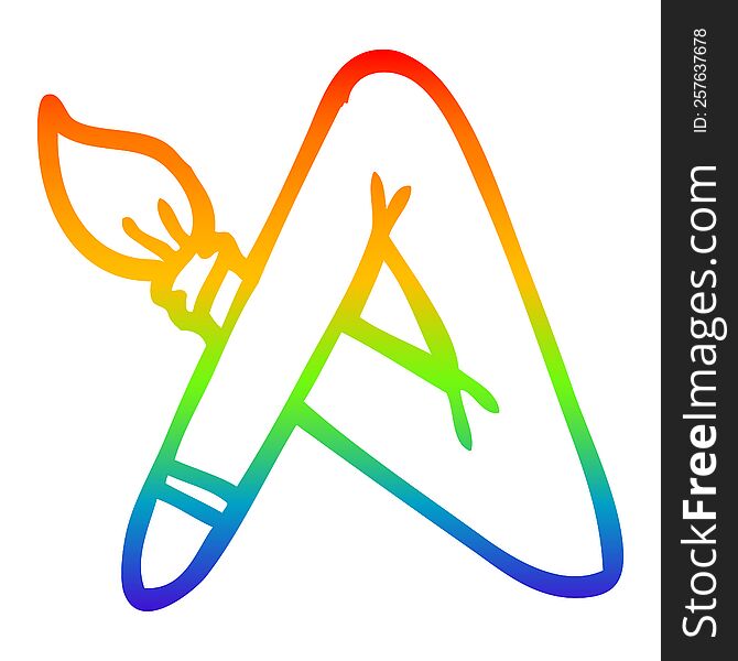 rainbow gradient line drawing of a cartoon paint brush bent into letter A
