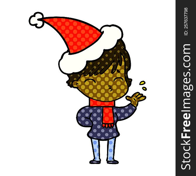 hand drawn comic book style illustration of a woman thinking wearing santa hat