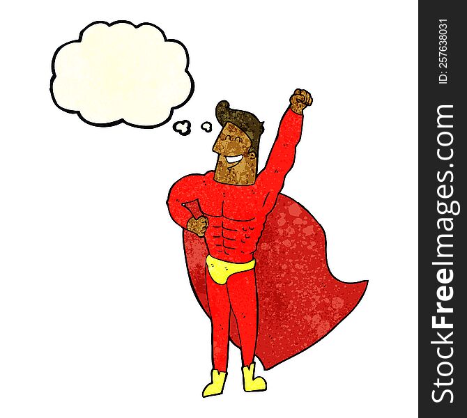 cartoon superhero with thought bubble