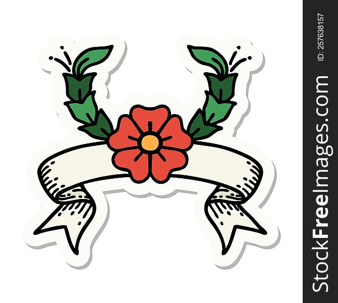 tattoo style sticker with banner of a decorative flower
