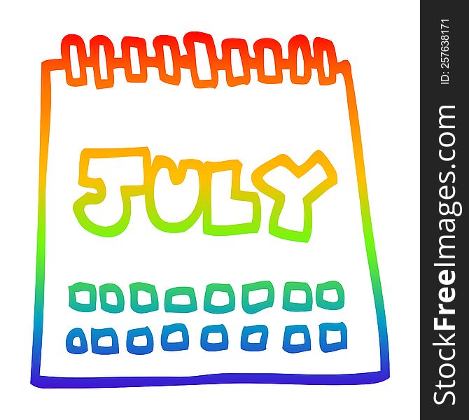 rainbow gradient line drawing of a cartoon calendar showing month of july