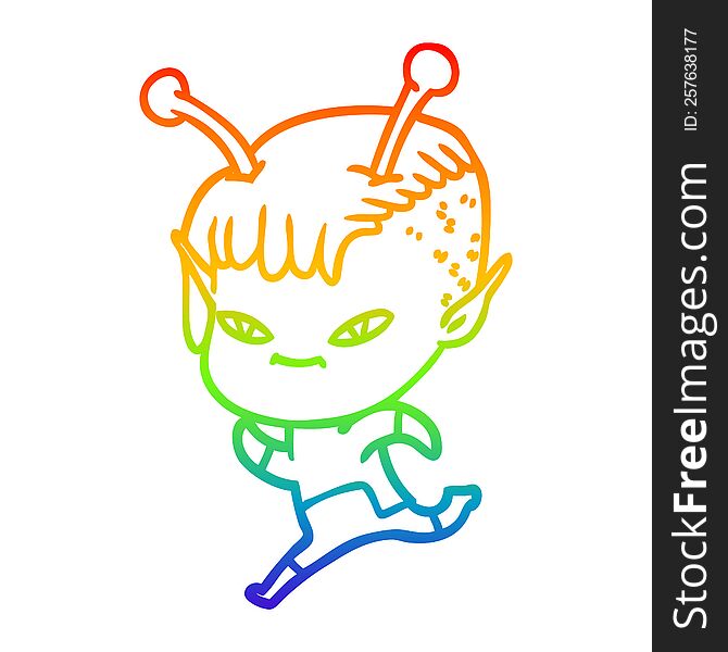 rainbow gradient line drawing of a cute cartoon alien girl