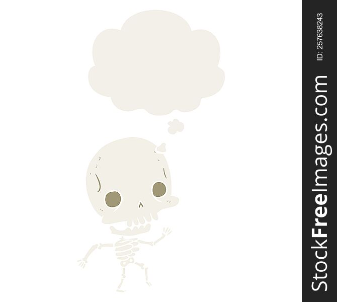 cartoon skeleton with thought bubble in retro style