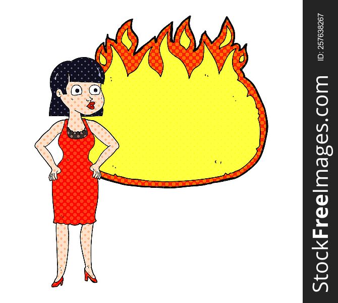 comic book style cartoon woman in dress with hands on hips and flame banner