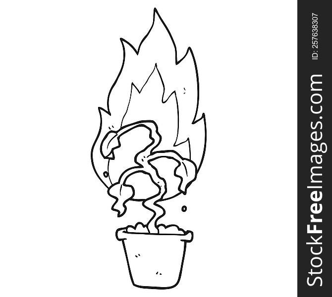 freehand drawn black and white cartoon burning plant
