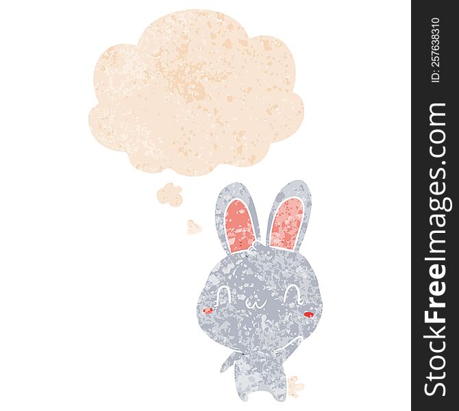 Cartoon Rabbit Waving And Thought Bubble In Retro Textured Style