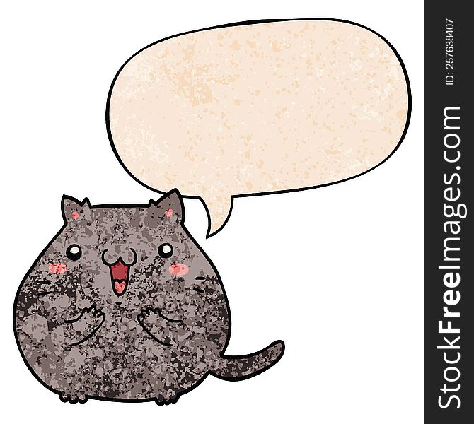 Happy Cartoon Cat And Speech Bubble In Retro Texture Style
