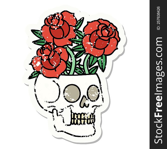 distressed sticker tattoo in traditional style of a skull and roses. distressed sticker tattoo in traditional style of a skull and roses