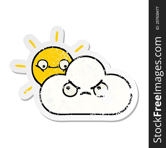 distressed sticker of a cute cartoon sunshine and cloud