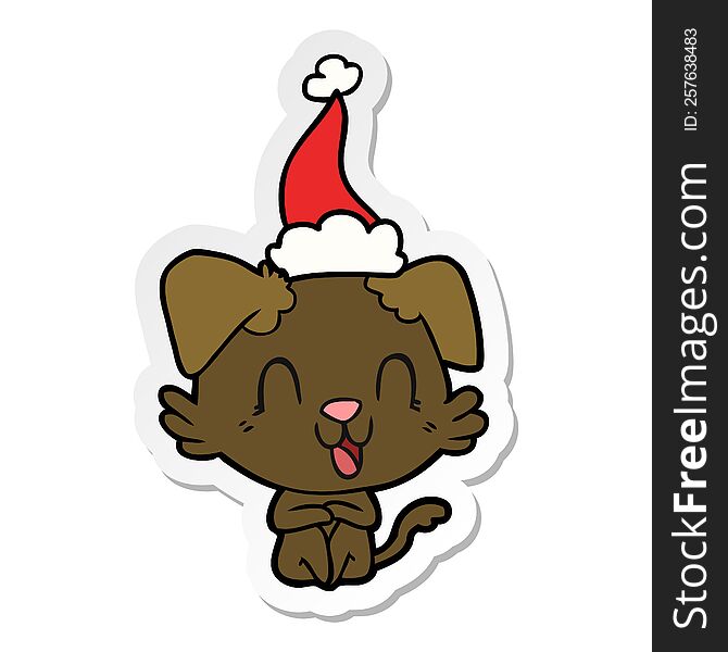 laughing hand drawn sticker cartoon of a dog wearing santa hat. laughing hand drawn sticker cartoon of a dog wearing santa hat