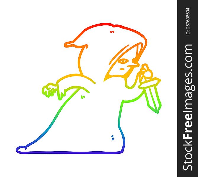 rainbow gradient line drawing of a assassin in dark robe